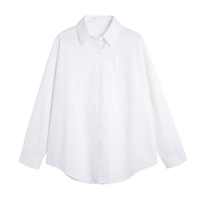 白色衬衫女长袖春秋新款韩范百搭学生打底上衣纯色POLO领棉质衬衣