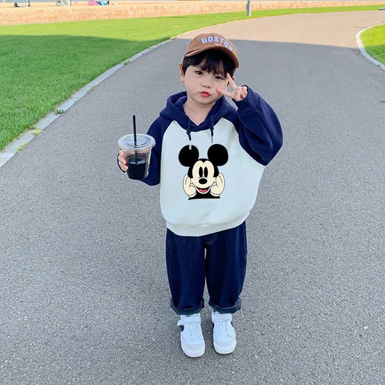 Children's hooded plus velvet thickened color matching sweater Korean children's clothing 2022 autumn and winter boys and girls baby print hoodie