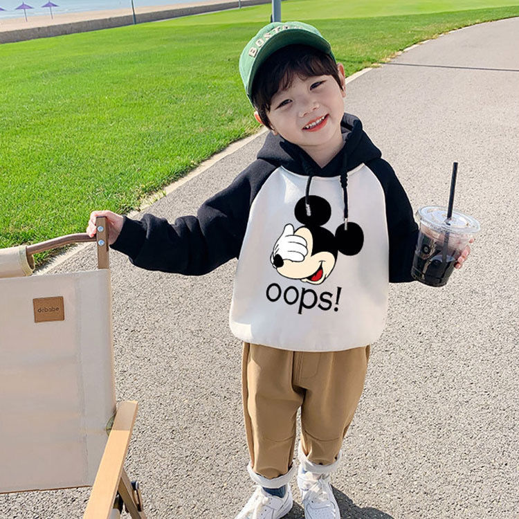 Children's hooded plus velvet thickened color matching sweater Korean children's clothing 2022 autumn and winter boys and girls baby print hoodie