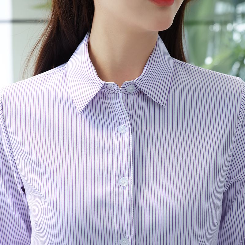 蓝色条纹衬衫女长袖职业正装大码工装银行工作服紫加绒保暖衬衣寸