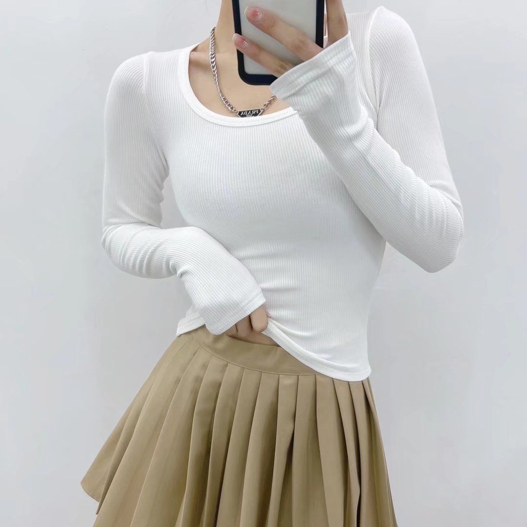 白色打底衫基礎款U領長袖女秋冬修身顯瘦T恤百搭磨毛螺紋內搭上衣