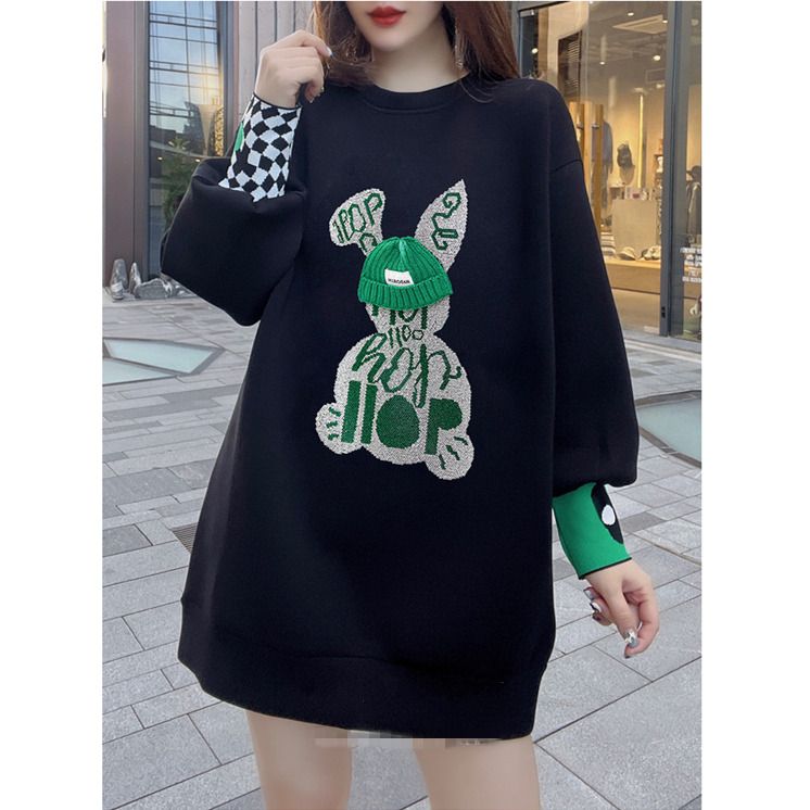 Beaded mid-length embroidered sweater dress fat sister extra large size 300 catties spring and autumn cover belly bag hip sweater dress