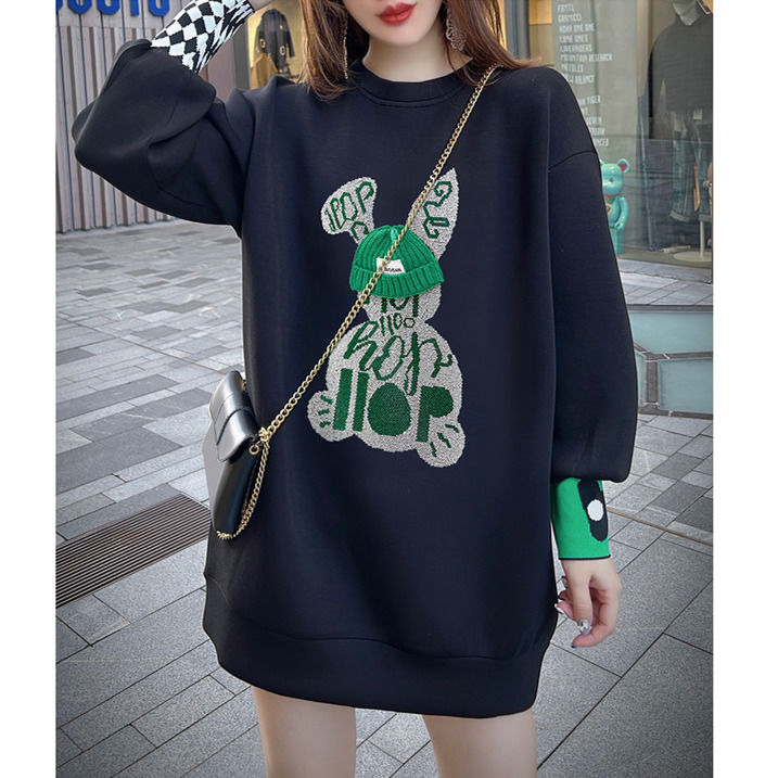 Beaded mid-length embroidered sweater dress fat sister extra large size 300 catties spring and autumn cover belly bag hip sweater dress