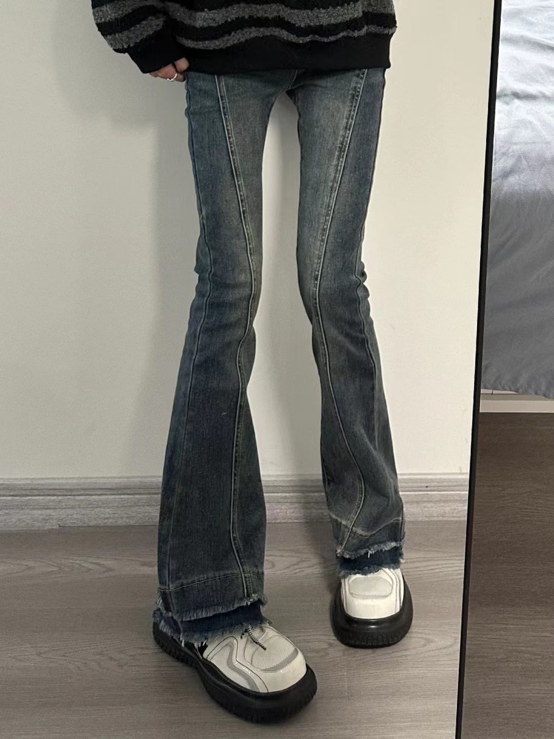 毛邊微喇牛仔褲女秋冬大碼胖mm高腰顯瘦復古高街修身馬蹄褲潮ins