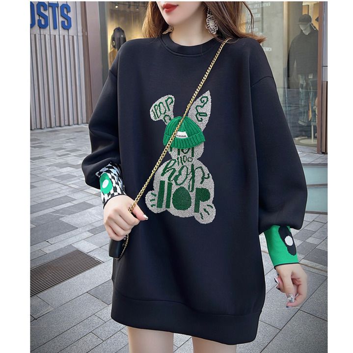 Beaded mid-length embroidered sweater dress fat sister extra large size 300 catties spring and autumn cover belly bag hip sweater dress