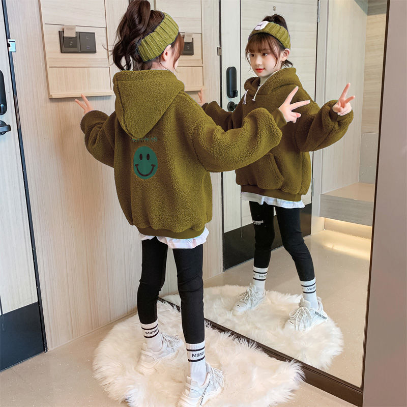 Girls' sweater children's fleece and thickened lambskin hooded jacket coat big children's foreign style winter warm clothes