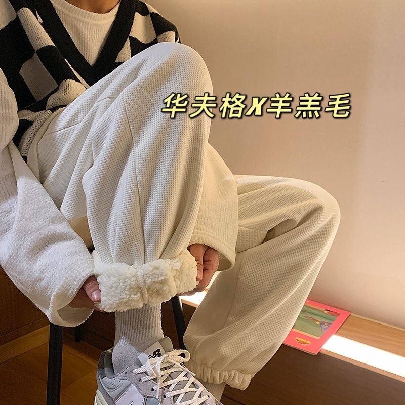 羊羔絨加絨加厚衛褲男2023秋冬新款學生韓版寬鬆束腳休閒運動褲潮
