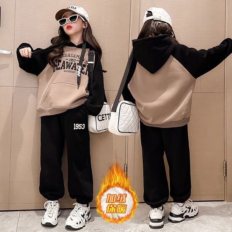 女童加絨套裝2022秋冬新款韓版女孩加厚連帽一體絨衛衣網紅兩件套