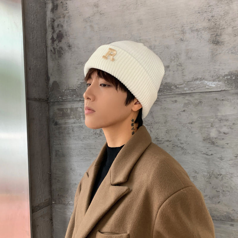 毛线帽子男冬季韩版日系百搭黑色R字母保暖冷帽包头男士针织帽子