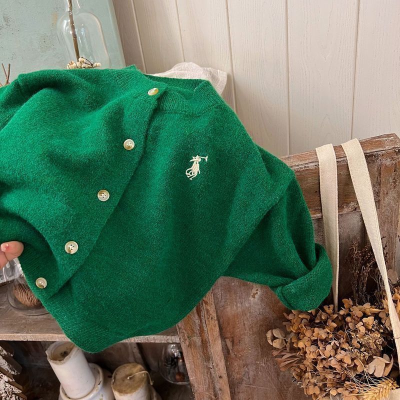 Children's foreign style sweater  autumn new boys and girls solid color embroidery knitted cardigan baby short woolen coat