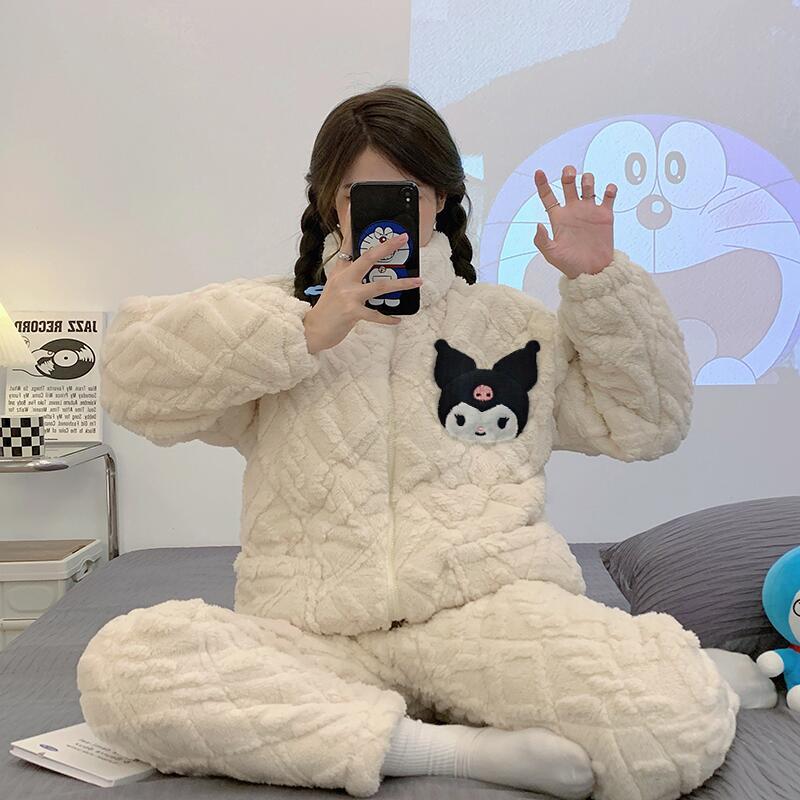 Korean version of ins Doraemon coral fleece pajamas women's autumn and winter thickened three-layer quilted home service suit can be worn outside