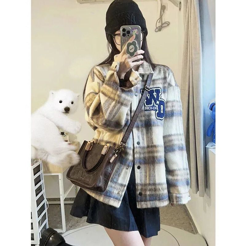 美式復古格紋外套女秋冬2023新款寬鬆高街設計感小眾休閒毛呢開衫