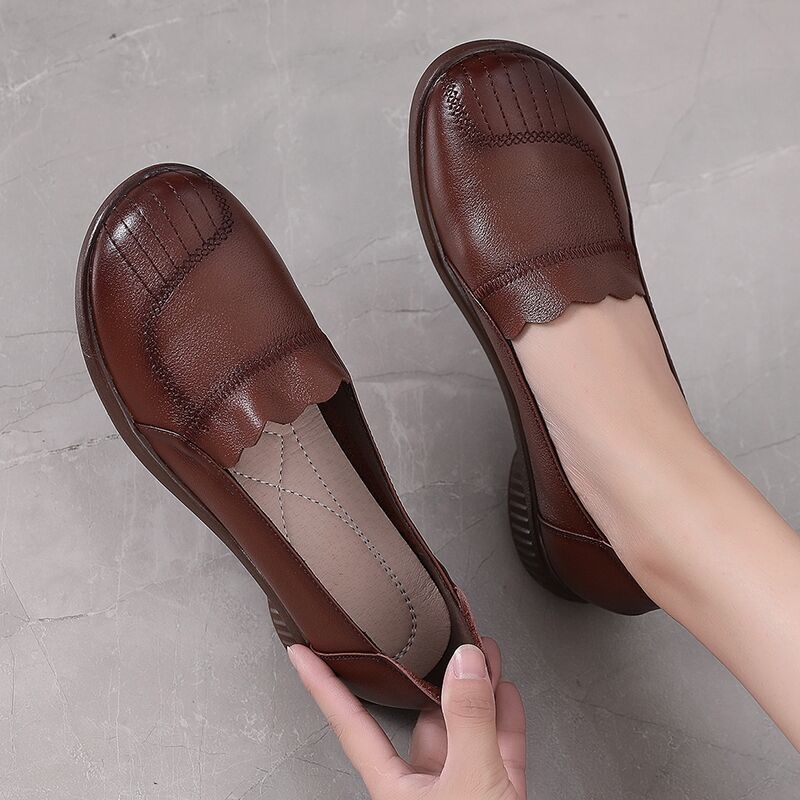 头层牛皮单鞋女真皮圆头软底休闲皮鞋平底牛筋底女鞋中老年妈妈鞋