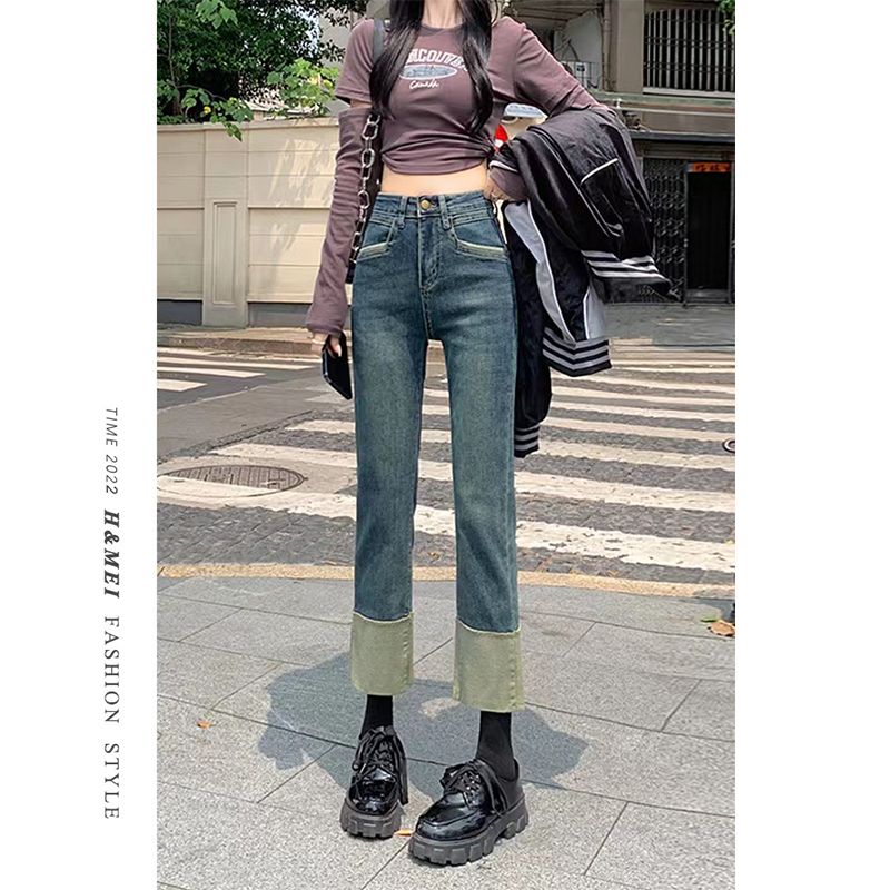 YSYOURS復古直筒牛仔褲女春秋季高腰顯瘦大碼翻邊拼接九分煙管褲