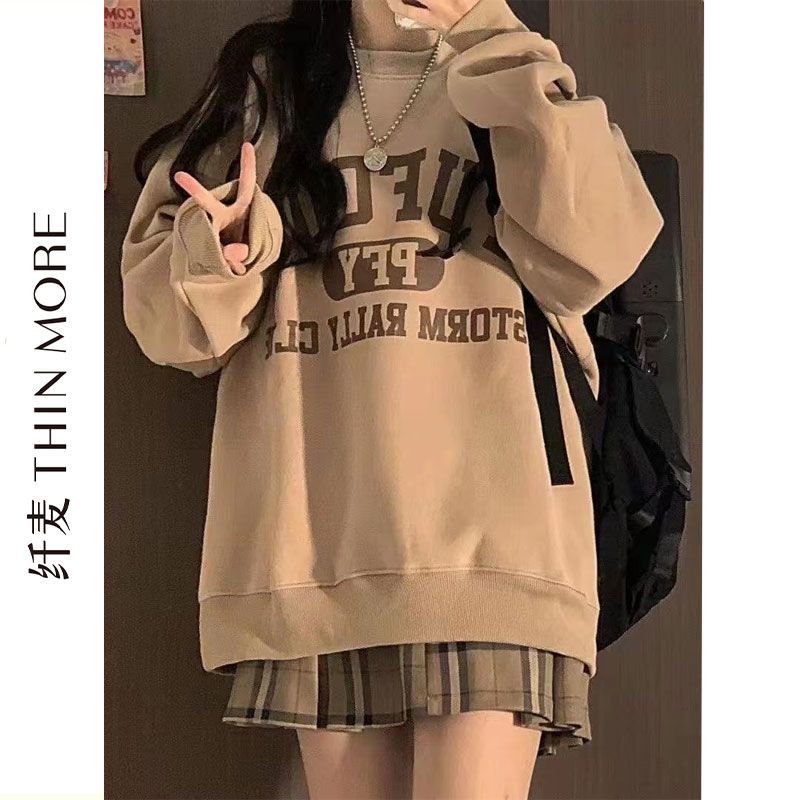 Fiber wheat autumn and winter new velvet trendy sweatshirt for female students loose bf lazy style design niche Korean style top