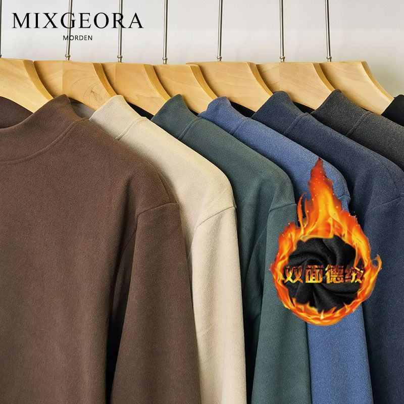 MIXGEORA双面德绒半高领长袖T恤男士2022新款冬季纯色保暖打底衫