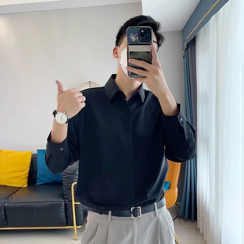 Korean version of non-ironing long-sleeved handsome white shirt solid color 2022 spring new shirt youth men's casual trendy brand