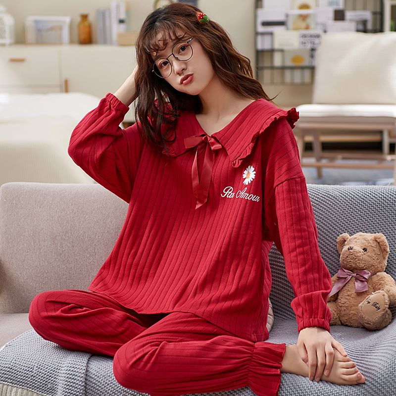 Nanjiren 100% cotton pajamas women's spring and autumn fat mm advanced red round neck cute wind home service suit