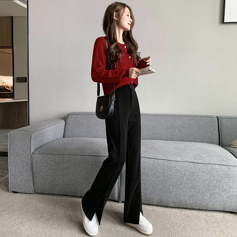 Small 150 slit wide-leg pants women's 145 winter straight high-waisted nine-point flared trousers XXS