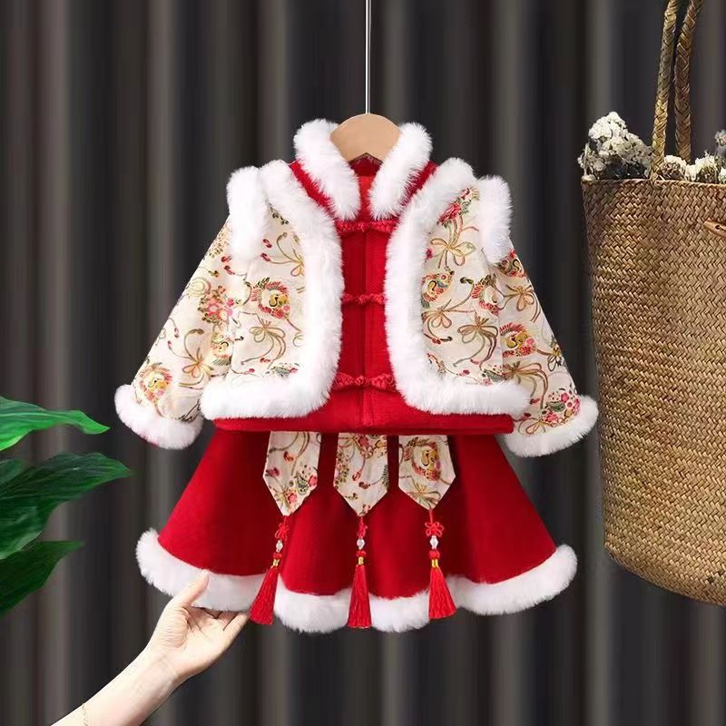 女童漢服兒童冬季加絨加厚拜年服中國風童裝寶寶過年喜慶新年禮服