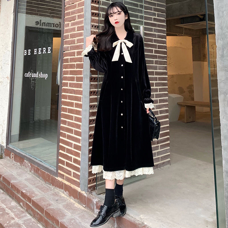 Autumn and winter dress new plus size women's fat sister French Hepburn style waist bow stitching velvet long skirt