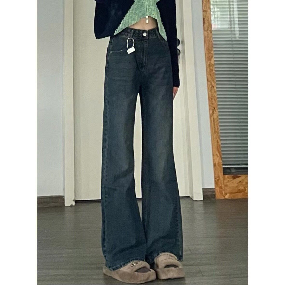 美式復古高腰微喇叭牛仔褲女新款ins寬鬆顯瘦直筒拖地闊腿長褲潮
