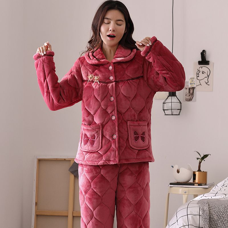 Song Qianya coral fleece quilted pajamas women's winter thickened three-layer cotton plus velvet cotton-padded jacket home service suit winter