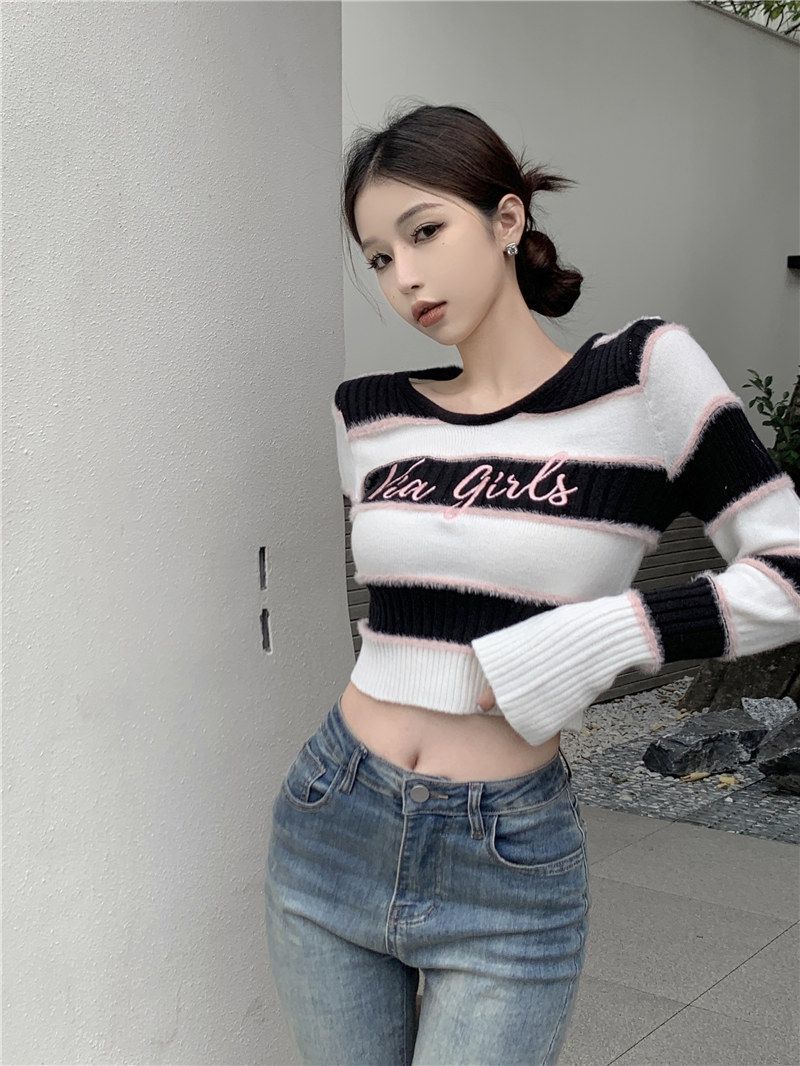 毛衣女秋季韓版撞色外穿拼接條紋設計感夏季修身短款辣妹針織上衣