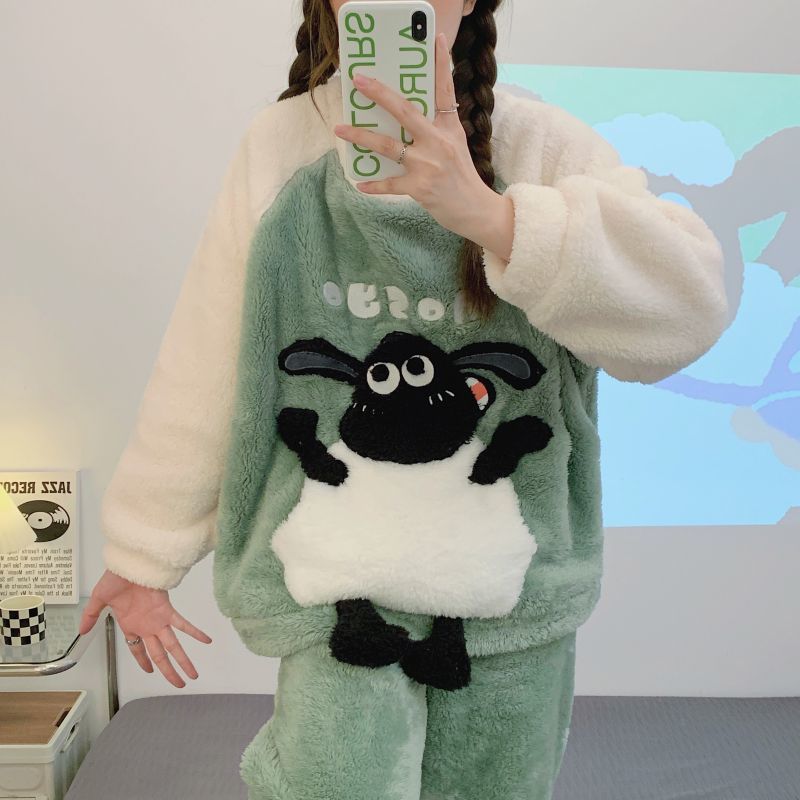 Cartoon lamb pajamas women's winter coral fleece thickened warm lazy home clothes outerwear cute fleece suit women