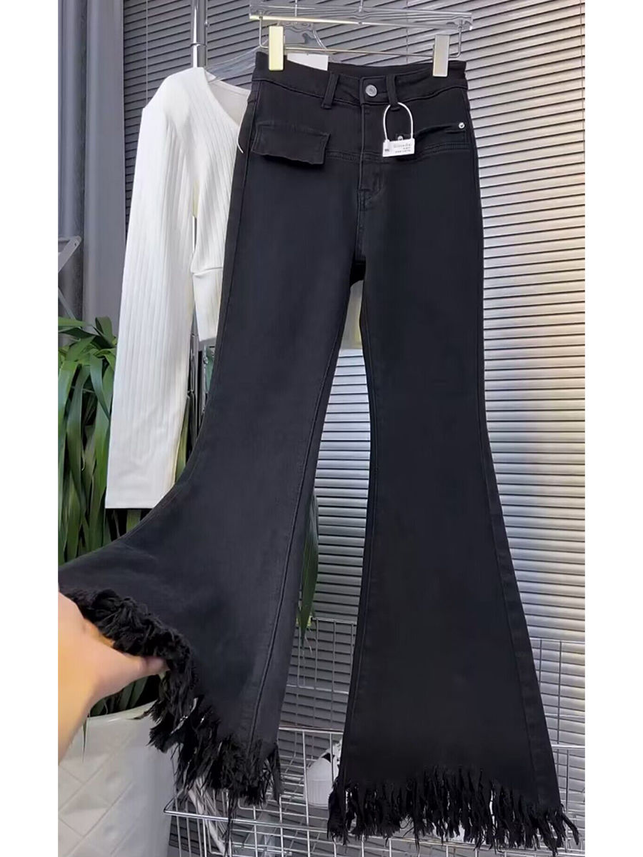 特大碼300斤胖mm高腰流蘇彈力毛邊牛仔微喇叭褲女鬆緊腰顯瘦長褲2