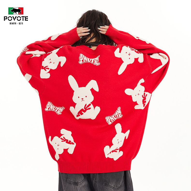 保威特犀牛本命年中国红色兔年毛衣男女冬季针织衫加厚植绒外套潮