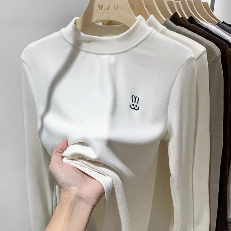 Super soft waxy double-sided German velvet solid color half turtleneck bottoming shirt for women, versatile autumn and winter plus velvet warm new slim fit top