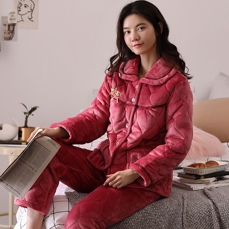 Song Qianya coral fleece quilted pajamas women's winter thickened three-layer cotton plus velvet cotton-padded jacket home service suit winter
