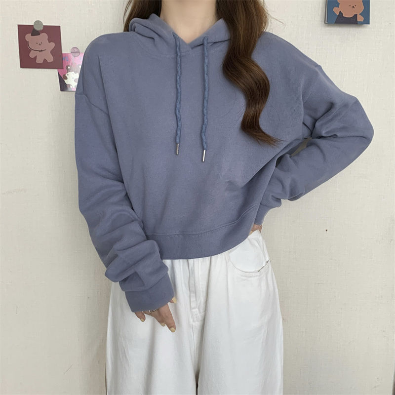 新款女秋季短款連帽衛衣寬鬆韓版高腰套頭帶帽長袖不起球甜美上衣