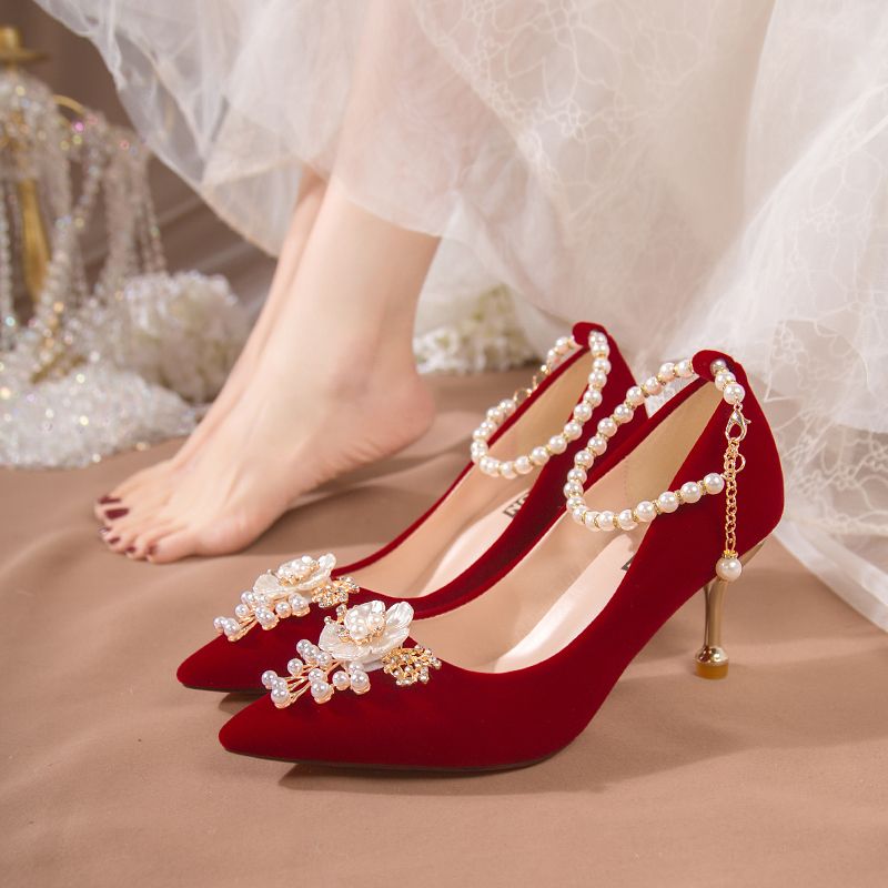 2022年新款红色婚鞋女秀禾服婚纱两穿细高跟新娘鞋孕妇敬酒礼服鞋