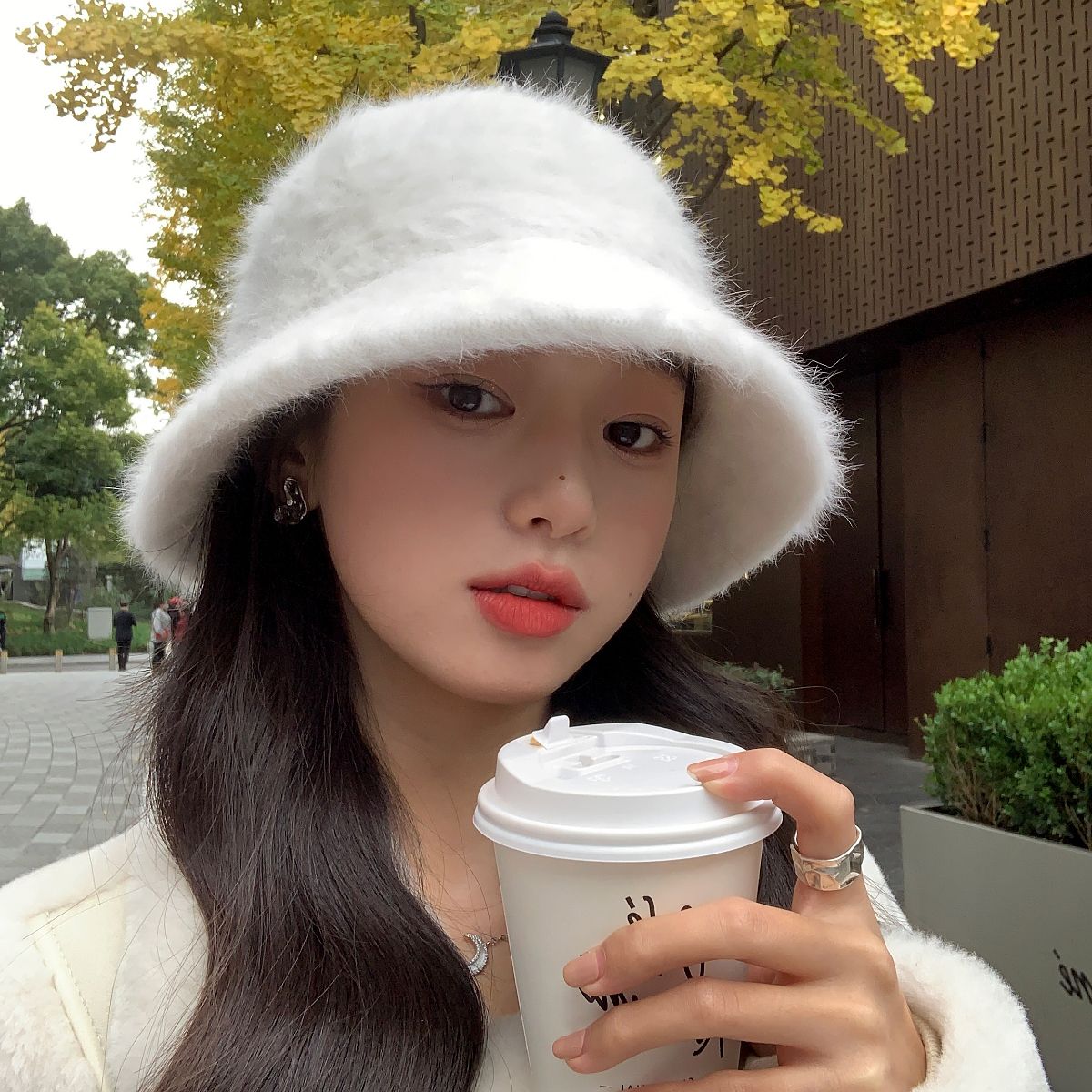 [ZRSN] Gentle Japanese style all-match face-covering rabbit fur bucket hat for women Korean version autumn and winter warm fisherman hat