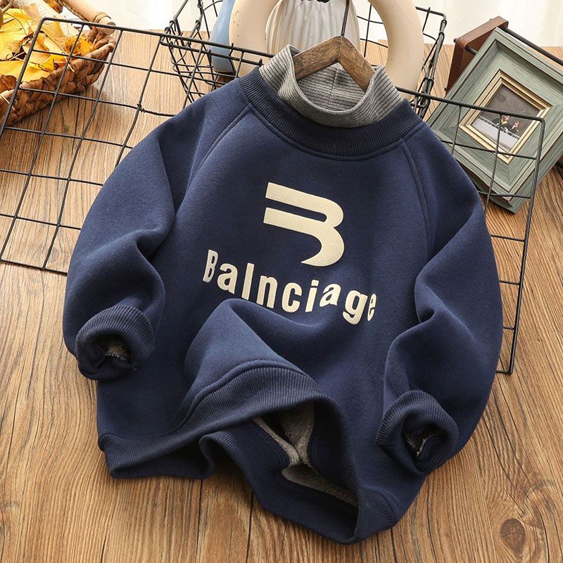 Boys' fake two-piece velvet sweatshirt, older children's one-piece velvet mid-collar bottoming shirt, children's clothing thickened top, new trendy winter style