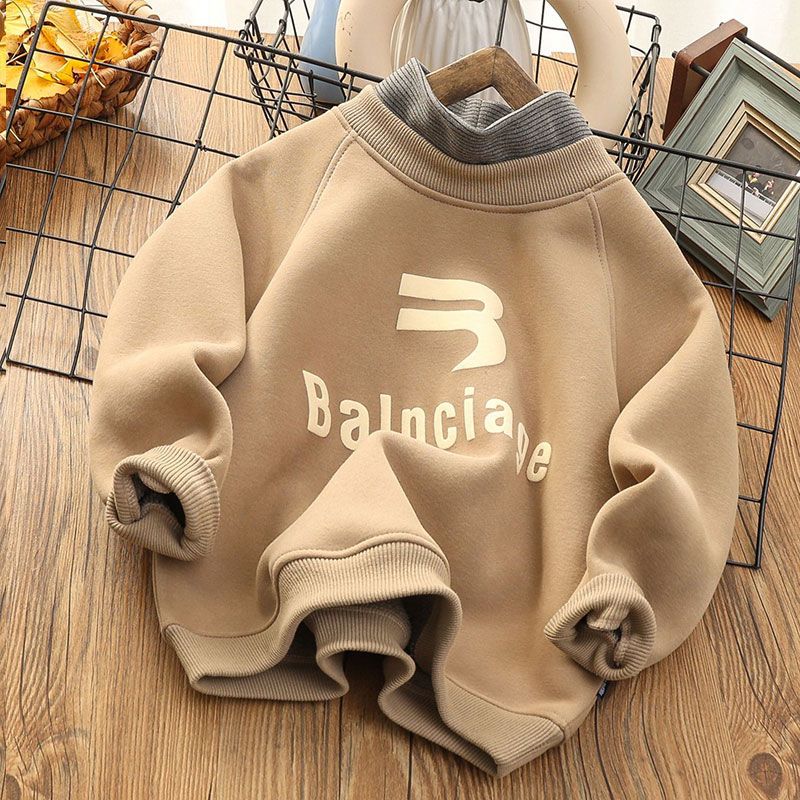 Boys' fake two-piece velvet sweatshirt, older children's one-piece velvet mid-collar bottoming shirt, children's clothing thickened top, new trendy winter style