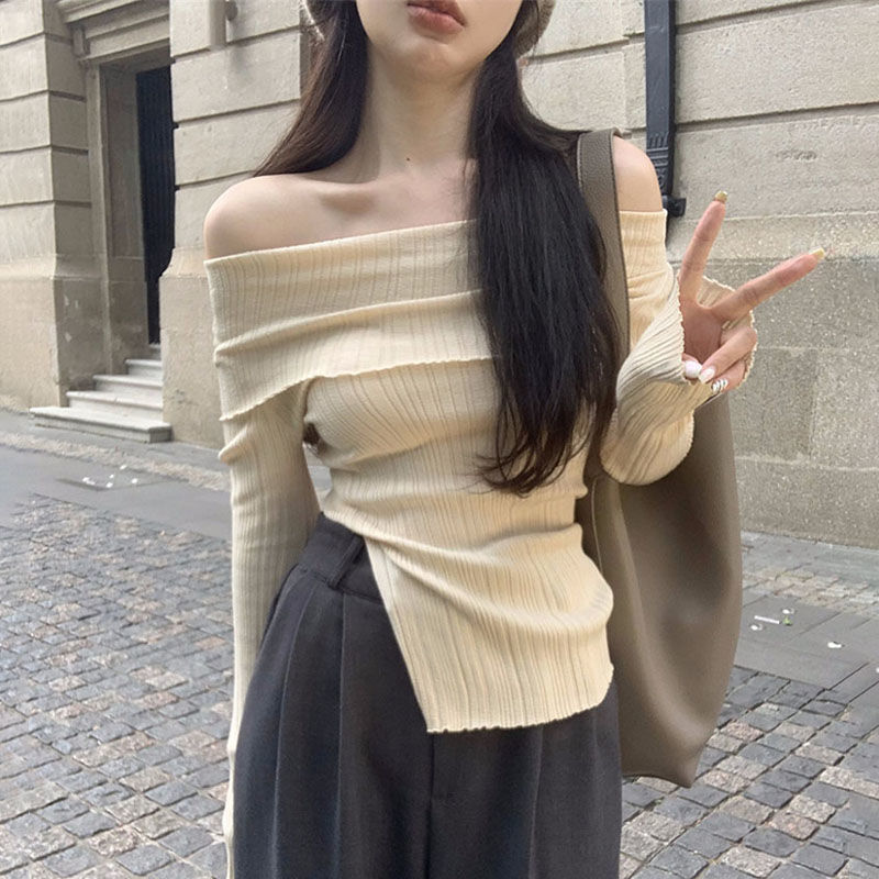 大碼胖mm純欲一字肩針織打底衫女秋冬設計感不規則下擺別致毛衣潮