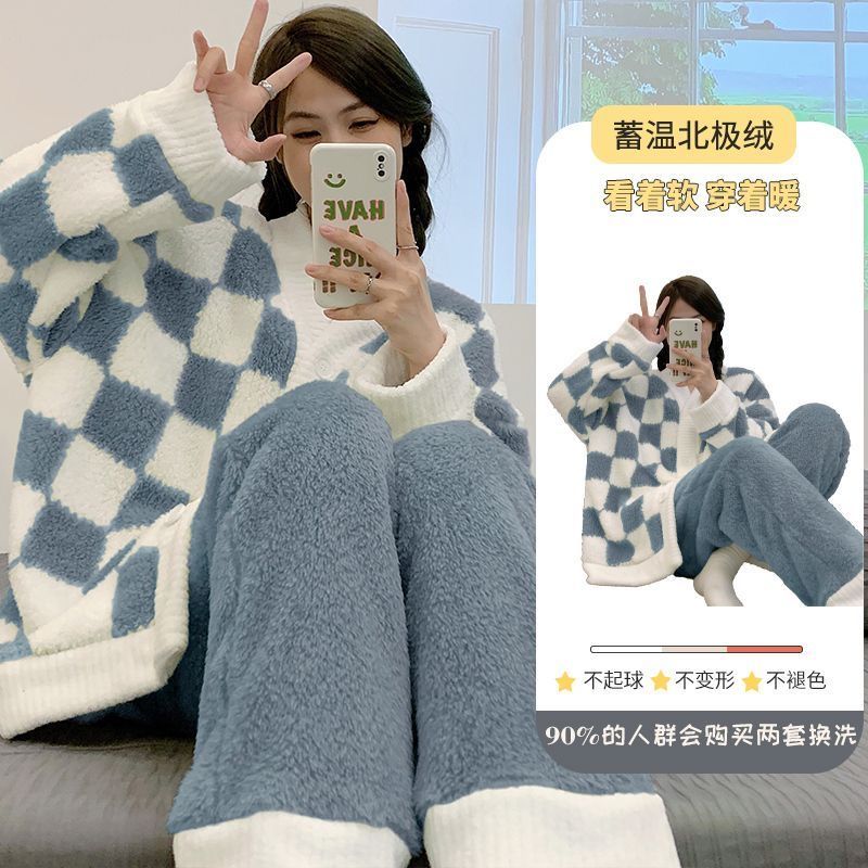 Plus velvet coral fleece pajamas women's autumn and winter flannel new thickened large size two-piece warm home service can be worn outside