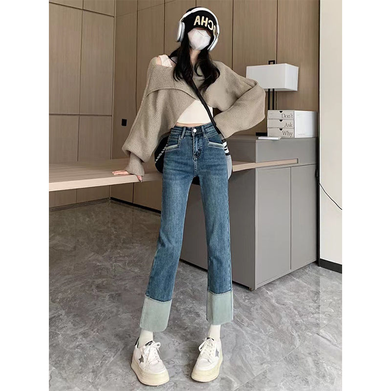 YSYOURS復古直筒牛仔褲女春秋高腰大碼拼接卷邊九分百搭煙管褲子
