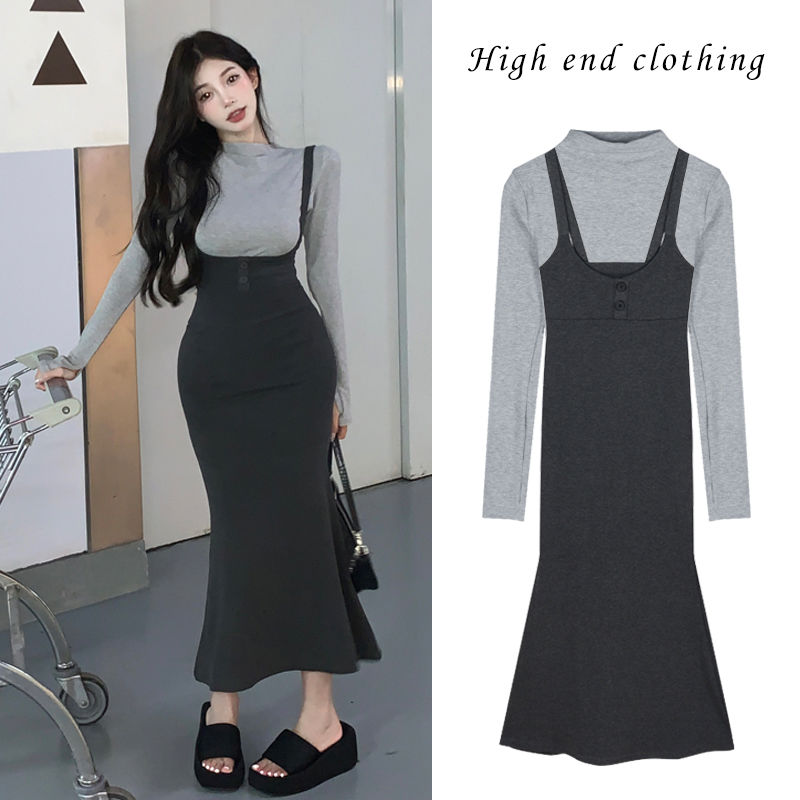 Pure desire style suspender dress female autumn and winter new hot girl slim bag hip mid-length mermaid skirt two-piece suit