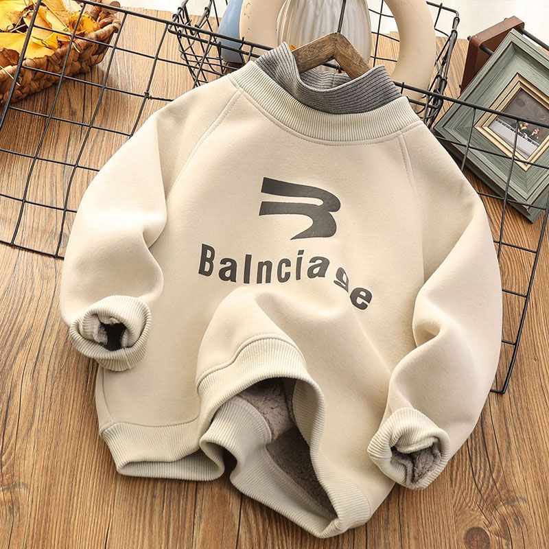 Boys' fake two-piece velvet sweatshirt, older children's one-piece velvet mid-collar bottoming shirt, children's clothing thickened top, new trendy winter style