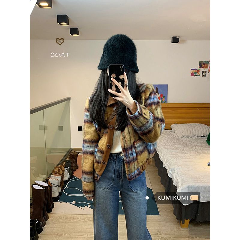 小香風寬鬆夾克外套女秋冬季小個子氣質百搭復古小眾格子開衫上衣