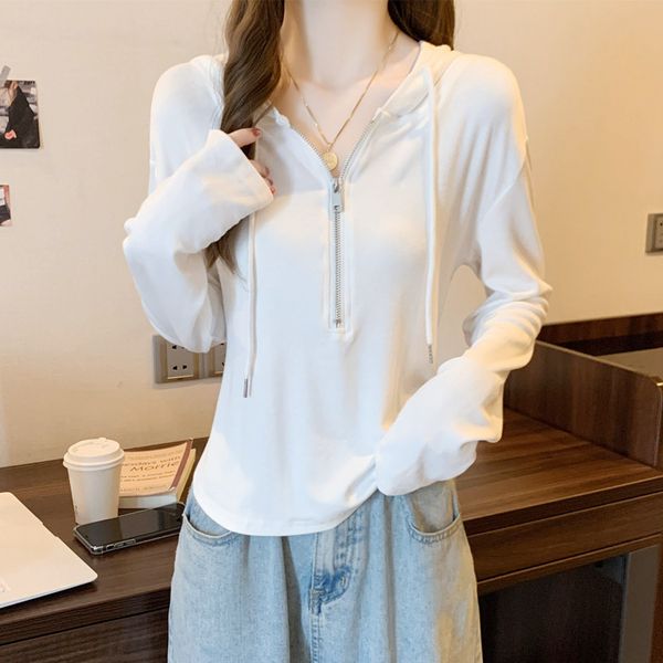 Large size women's irregular hooded long-sleeved T-shirt bottoming shirt women's spring and autumn fat mm slim belly cover top 200 catties tide