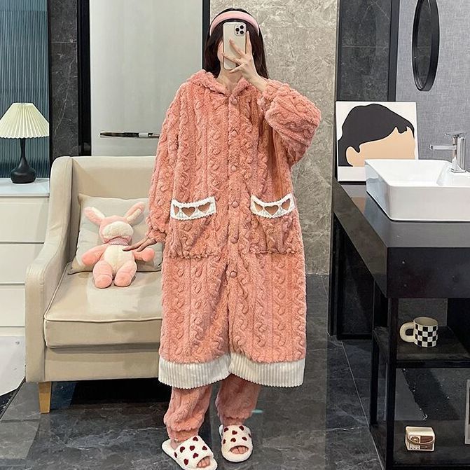 Attractive winter pajamas girls thickened plus velvet long-sleeved trousers nightgown three-piece suit warm home service