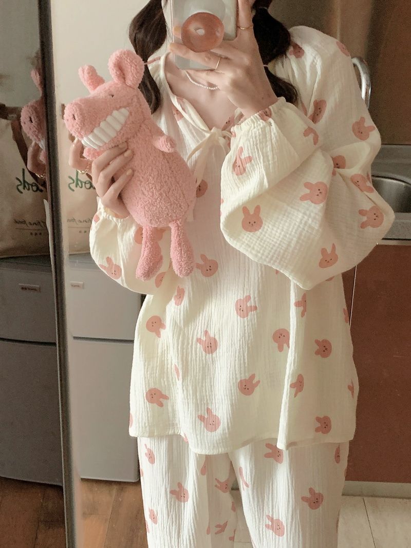 Gentle baby cotton feeling round neck pajamas women's high-end sense spring and autumn long-sleeved sweet girl home clothes suit for outerwear