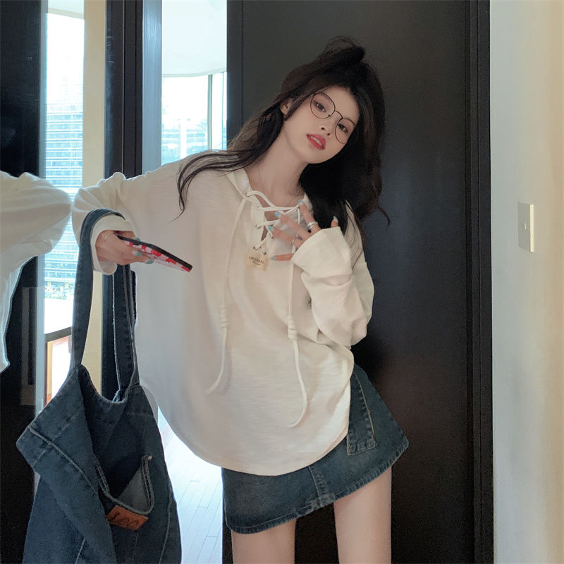 Fat mm large size hooded design sense long-sleeved T-shirt spring new ins wind loose Korean top female 200 catties tide