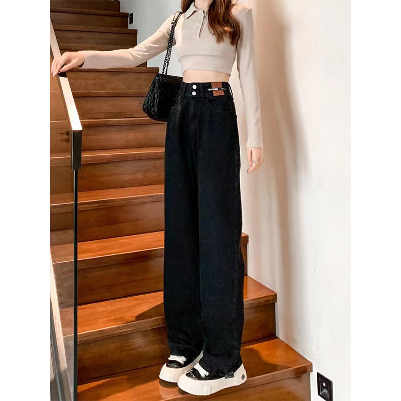YSYOURS黑色直筒牛仔褲女春秋季高腰大碼胖MM顯瘦垂感寬鬆闊腿褲