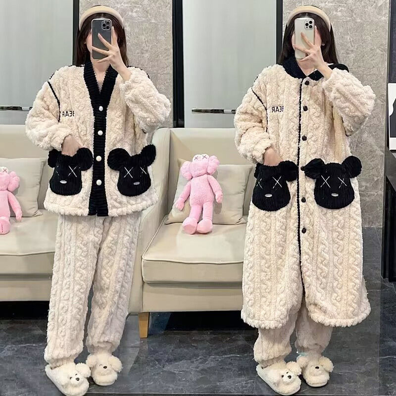 Attractive winter pajamas girls thickened plus velvet long-sleeved trousers nightgown three-piece suit warm home service